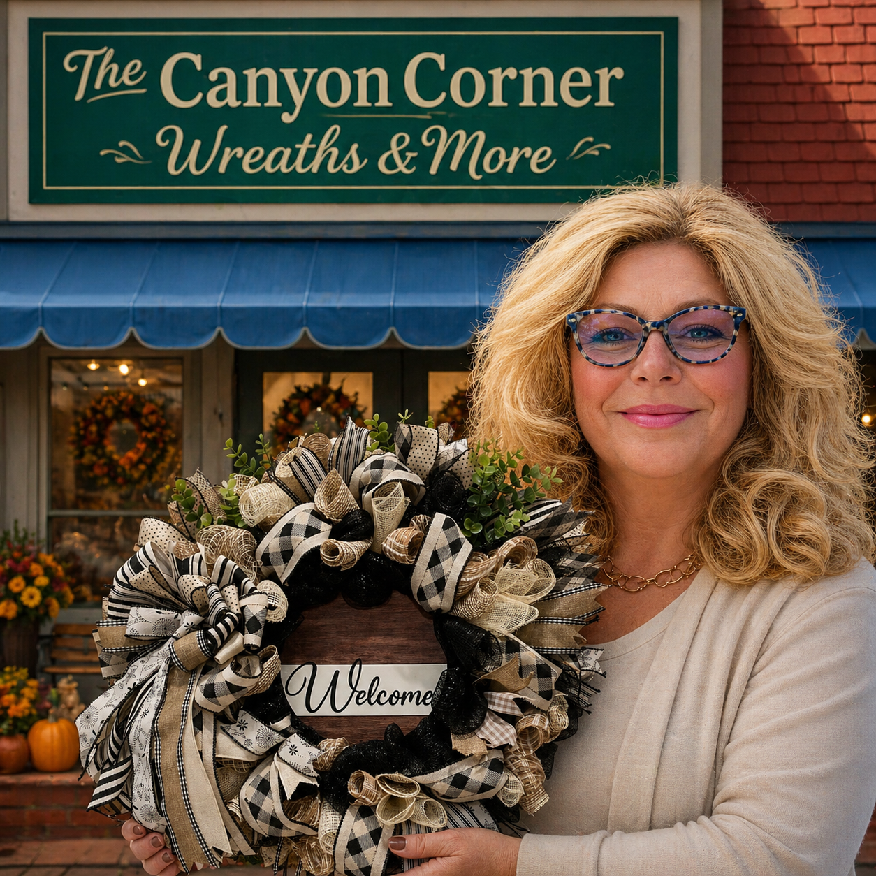 Christine Gaines holding a handmade Welcome wreath in front of The Canyon Corner — Wreaths & More shop